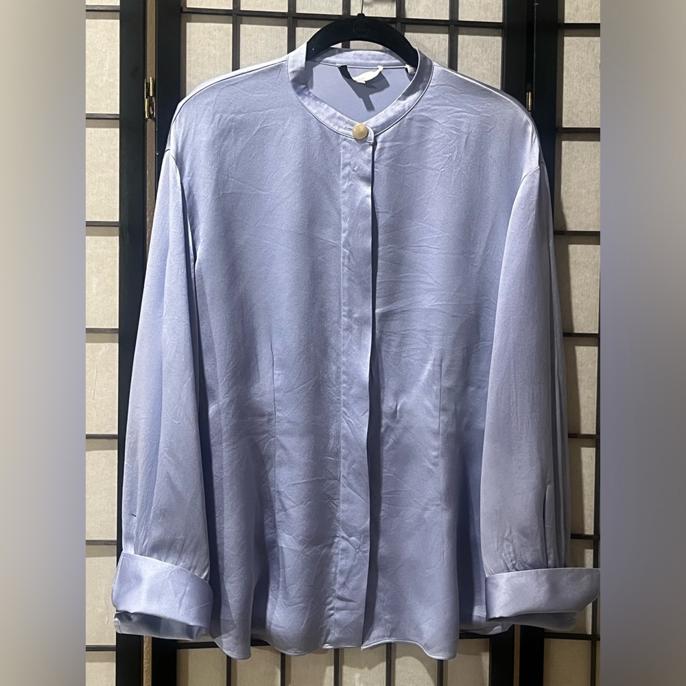 VINCE SILK SATIN BAND-COLLAR LONG SLEEVE BLOUSE, BLUE COLORWAY WOMEN SIZE L